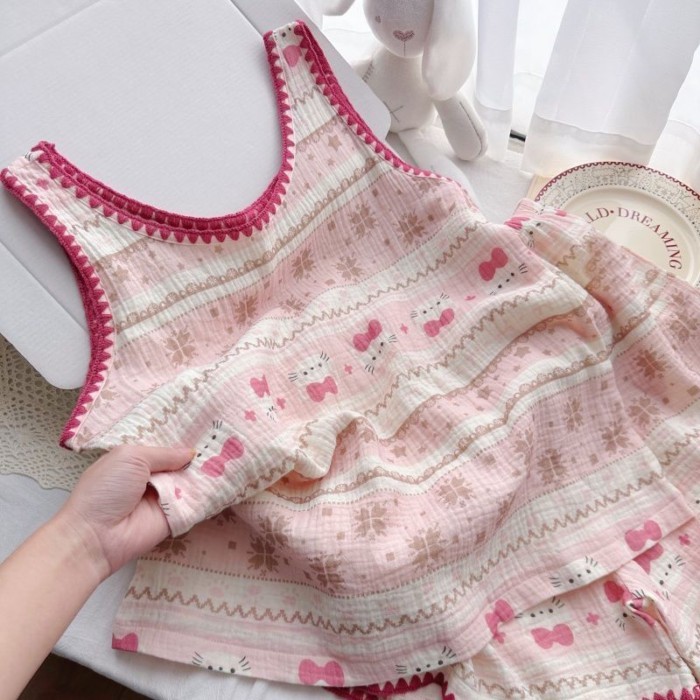 Nhật Bản màu đỏ và hồng phim hoạt hình hellokitty mây cotton vest đồ ngủ nữ mùa hè thiết kế q
