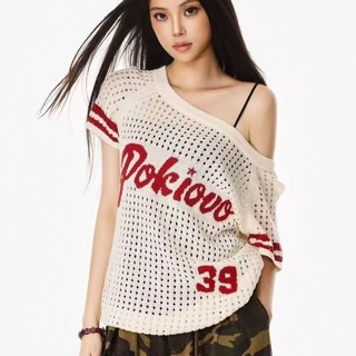 Phong cách Mỹ xiên vai dệt kim ngắn tay nữ mùa hè chữ rỗng rỗng phong cách lười biếng áo len