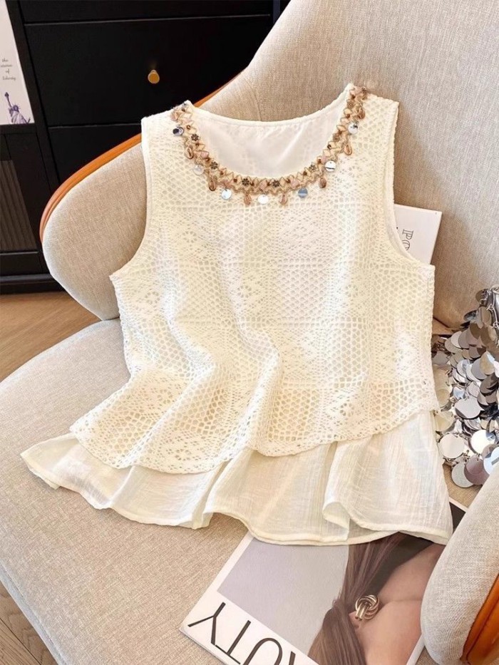 Áo vest không tay rỗng phong cách dân tộc dành cho nữ mặc ngoài mùa hè, áo sơ mi rộng thời tr