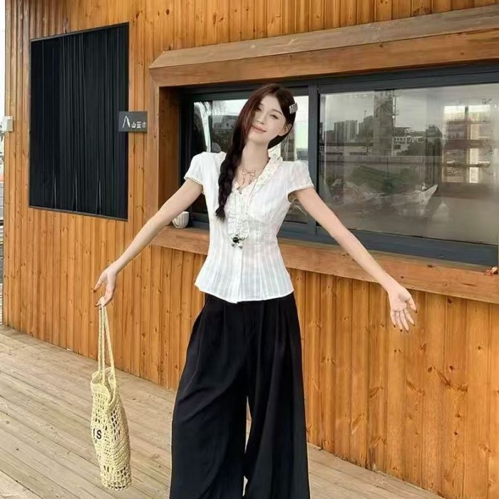 French Retro Ruffle Short-sleeved Shirt For Women Summer White Niche Chic Waist Slimming Shir