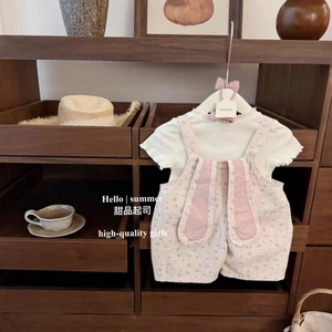bộ yếm hoa mỏng phong cách mùa hè mới cho bé gái, bộ đồ ngắn tay viền nấm, bộ đồ hai mảnh phong