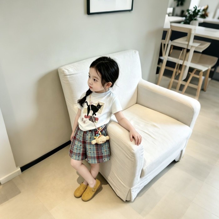Bé Gái Phù Hợp Với Mùa Hè Mới Trẻ Em Ngọt Ngào Phong Cách Nữ Tính In Hình Áo Thun Tay Ngắn Kẻ Sọ