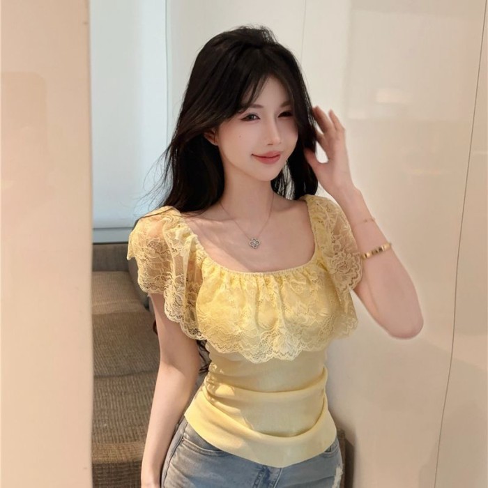 French Lace Lotus Leaf Short-sleeved T-shirt Summer Slim Top One-shoulder Top