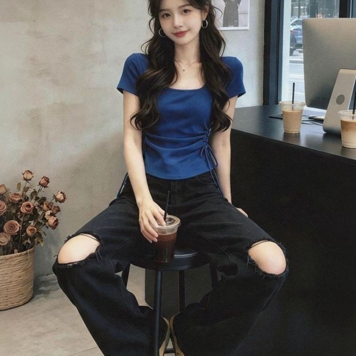 Áo thun hai dây rút phối ren eo cho nữ mùa hè phong cách mới nhỏ có hương thơm giảm tuổi tác