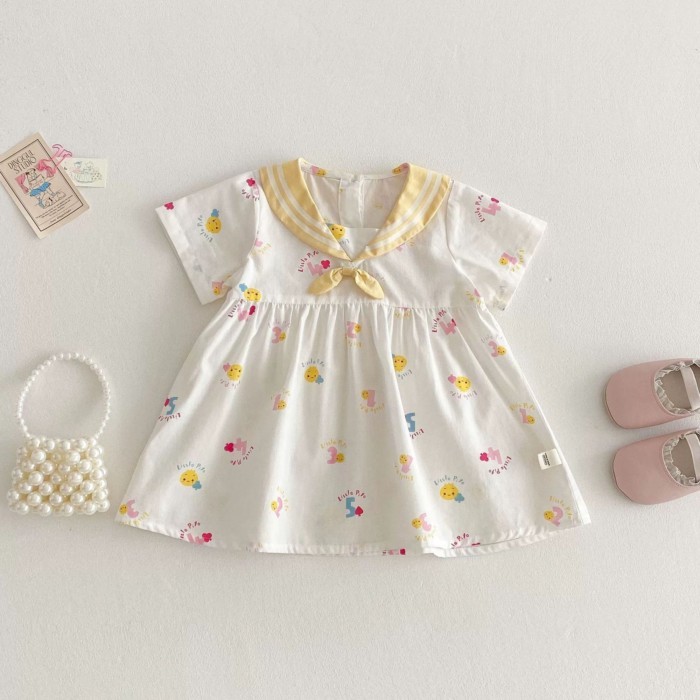 Girls Super Cute Dress New Summer Baby Girl Cute Navy Style Summer Cartoon Short Sleeve Skirt