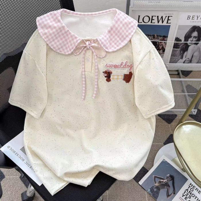 In Hình Cún Con Màu Chấm Áo Sơ Mi POLO Mùa Hè Dễ Thương Ve Áo Áo Thun Nữ Tay Ngắn Thắt Nơ Rời To