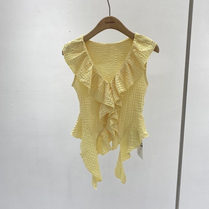 Áo len mỏng không tay không đều diềm xếp nếp mùa hè màu hồng mới áo vest cô gái ngọt ngào kiể