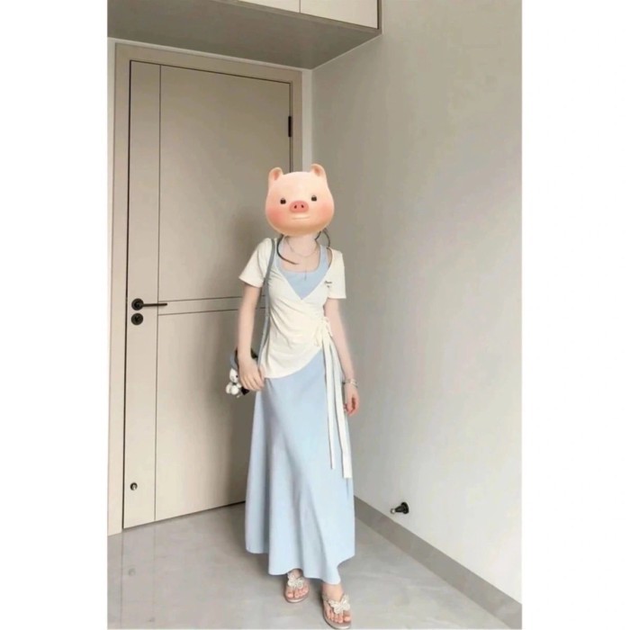 Đầm hai dây dành cho nữ mùa hè phong cách mới váy dài eo giảm béo dây đeo chéo thêu hàng đầu