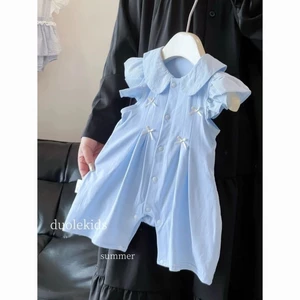 Mùa Hè Phong Cách Mới Áo Liền Quần Bé Gái Có Thắt Nơ Công Chúa Thời Trang Mỏng Nhỏ Bay Tay Áo