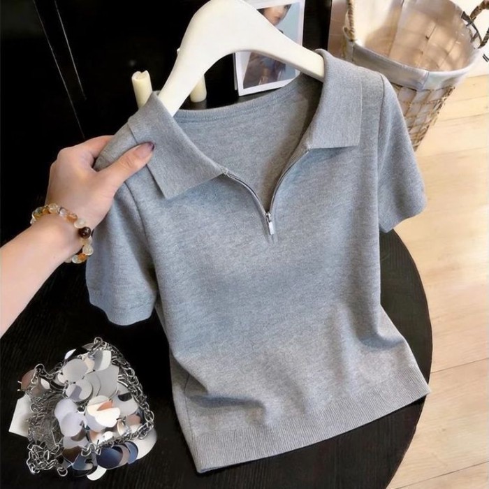 Áo thun ngắn tay dáng rộng và mỏng nửa hở cổ dây kéo Ice Silk Áo thun nữ đa năng