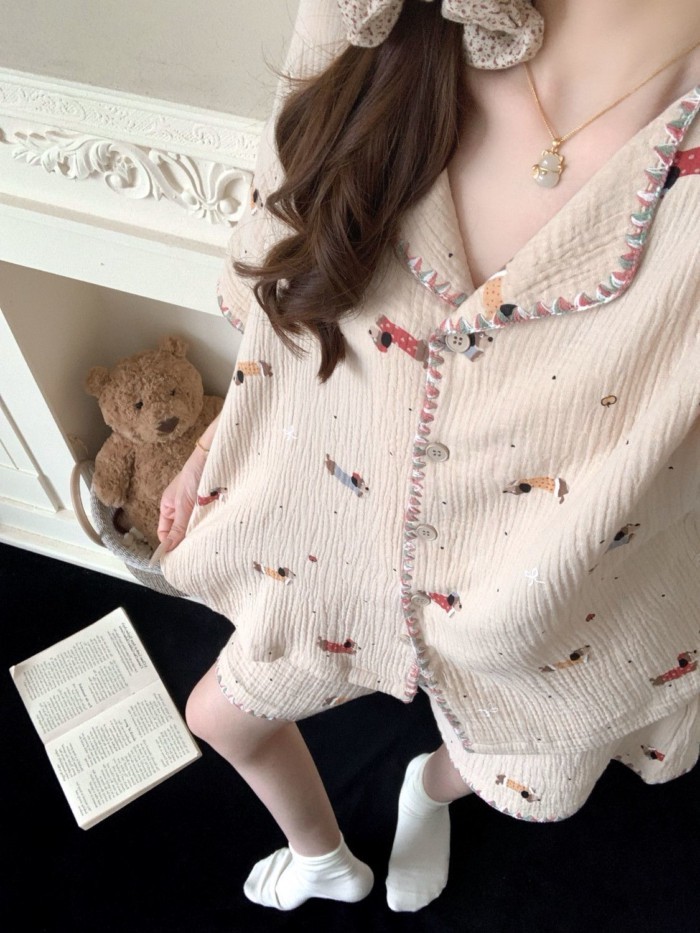 Korean Pajamas Ins Cartoon Dachshund Short-sleeved Home Clothes Summer New Cloud Cotton High-