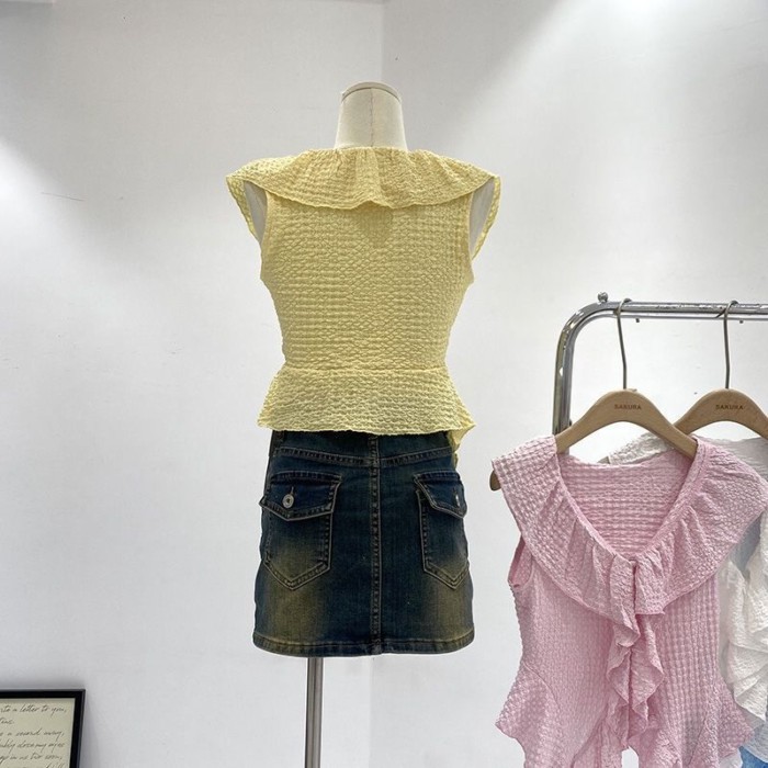 Áo len mỏng không tay không đều diềm xếp nếp mùa hè màu hồng mới áo vest cô gái ngọt ngào kiể