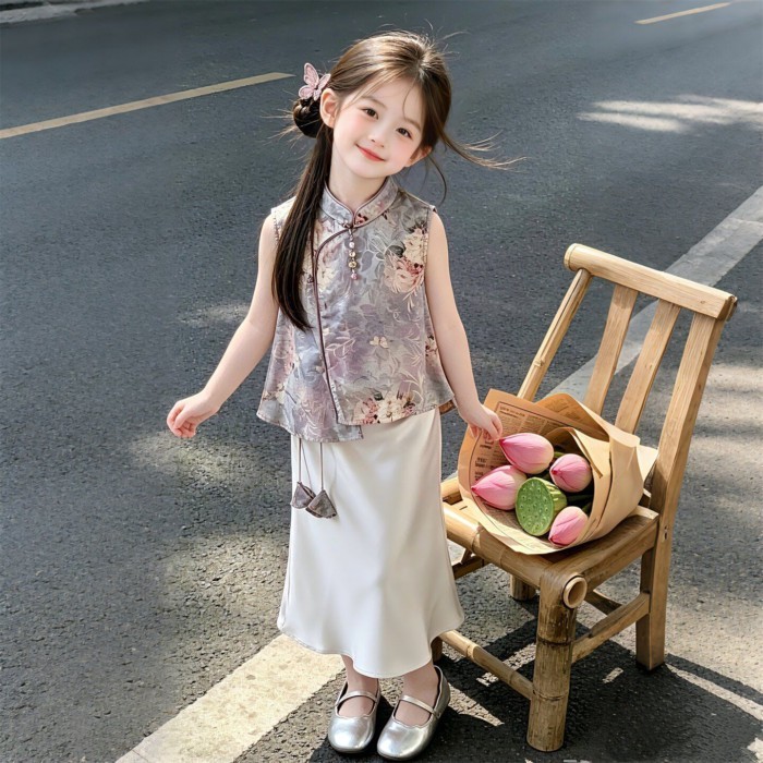 bé gái mới phong cách Trung Hoa váy sườn xám mùa hè mới trẻ em mỏng bé phong cách dân tộc vest v
