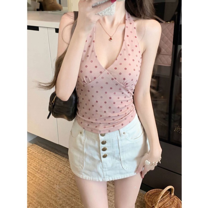 Purple Polka Dot Halter Neck Sleeveless Camisole Women's New Summer Hot Girl Outer Wear Backl