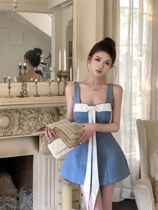 Contrast Color Bow Denim Suspender Dress Women's Summer Pure Lust Style Hot Girl Waist A-Line