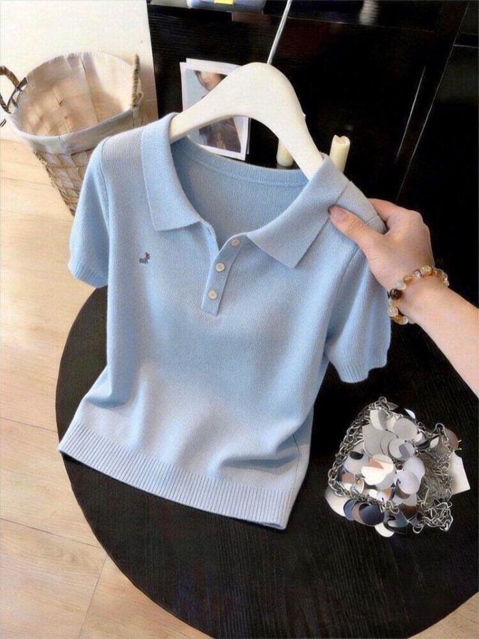 Nữ phong cách ngọt ngào phong cách Hàn Quốc Áo thun cổ polo ngắn tay áo len phổ biến
