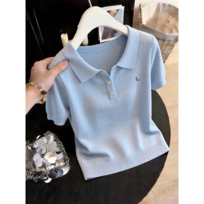 Nữ phong cách ngọt ngào phong cách Hàn Quốc Áo thun cổ polo ngắn tay áo len phổ biến