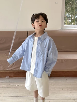 Áo Sơ Mi Và Áo Khoác Bé Trai Xuân Thu Phong Cách Anh Quốc Áo Sơ Mi Trẻ Em Lớn Màu Xanh Áo Dài Ta