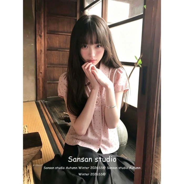 College Style Pink Polka Dot Short-sleeved Shirt For Women To Wear In Summer, Korean Style Sh