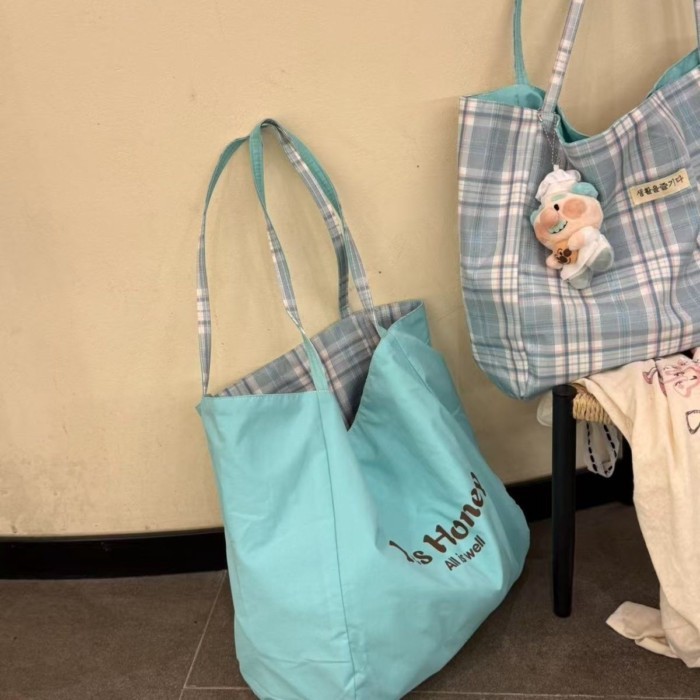 Túi tote hai mặt màu xanh bạc hà sức chứa lớn phong cách Hàn Quốc phong cách lười biếng đi lạ