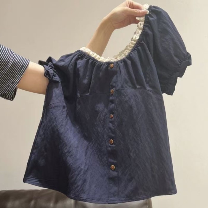 Áo phồng ren thiết kế mới mùa hè, tay ngắn dáng rộng, dáng suông, ren trắng, áo nhẹ đa năng,