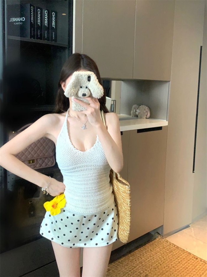 Crocheted Halterneck Vest For Women Summer New Style Blue Slim Fit Backless Versatile Commutin