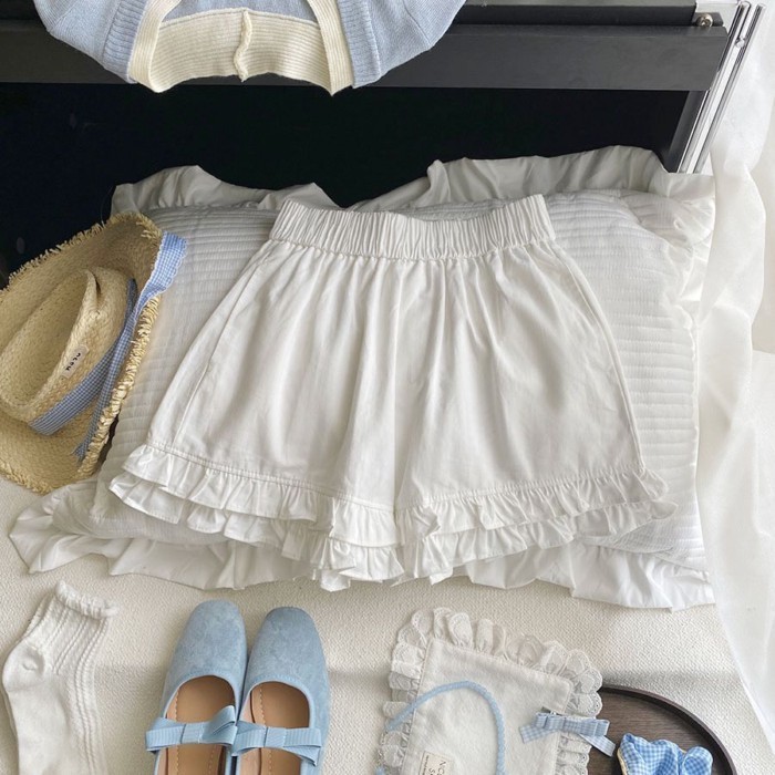 Quần short ống rộng ren trắng kiểu nấm hàn quốc dành cho nữ mùa hè lưng cao dáng rộng giảm béo sảng