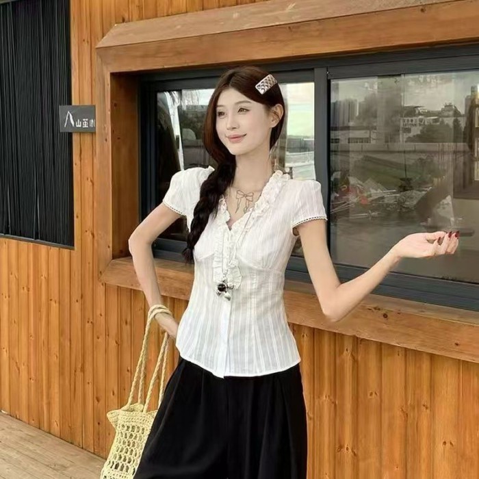 French Retro Ruffle Short-sleeved Shirt For Women Summer White Niche Chic Waist Slimming Shir