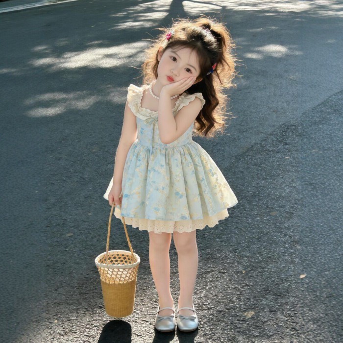 【Photo-shooting】Girls Floral Little Flying Sleeve Dress Summer New Baby Sweet Korean Style Dre
