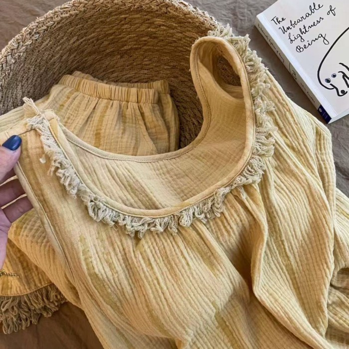 Mùa Hè Ngọt Ngào Màu Yếm Quần Short Bộ Đồ Ngủ Nữ Mới Tua Rua Edge Nhà Bộ Quần Áo Có Thể Mặc B