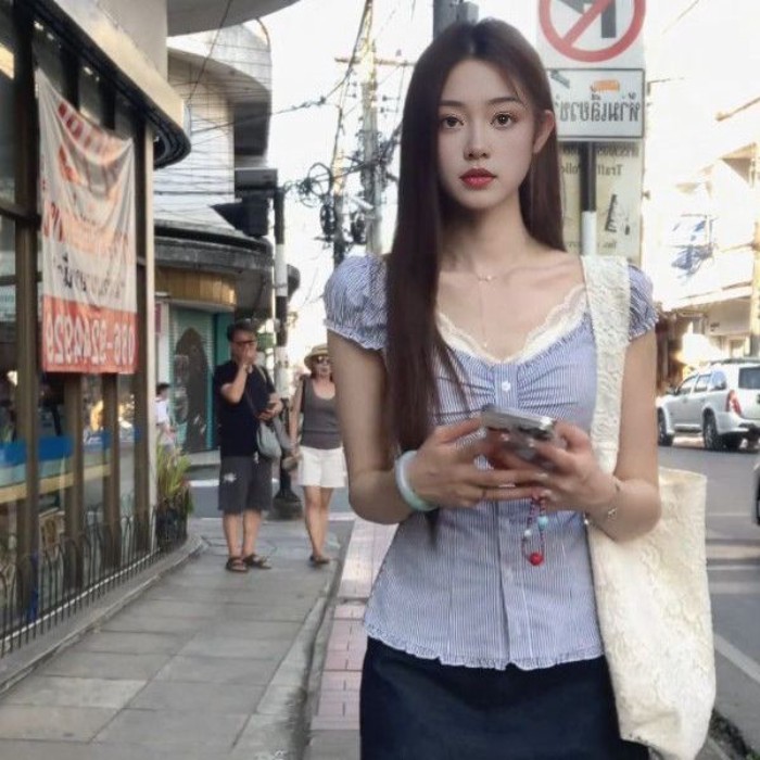 Korean New Sweet Summer Striped Short-sleeved Shirt Slimming Waist Pleated Top Design
