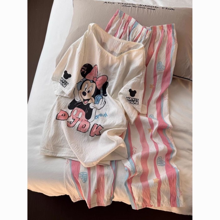 bộ đồ ngủ in hình chuột Mickey hoạt hình dễ thương dành cho nữ mùa hè quần sọc mới quần áo nhà n