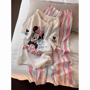 bộ đồ ngủ in hình chuột Mickey hoạt hình dễ thương dành cho nữ mùa hè quần sọc mới quần áo nhà n