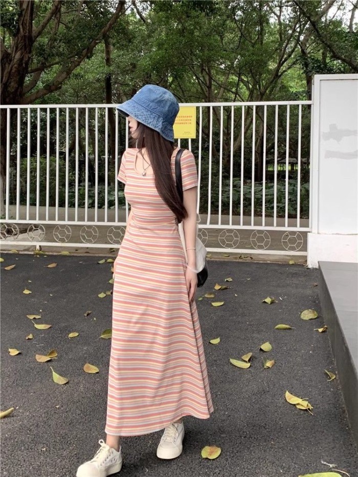 Long Slim Summer Sweet Age-reducing Rainbow Skirt Slim And Slim Temperament Striped Color Dre