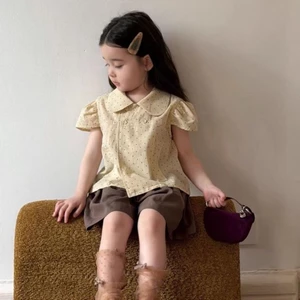 áo sơ mi mùa hè bé gái phong cách Pháp, thiết kế chấm bi trẻ em mới, áo sơ mi cổ búp bê xinh xắn