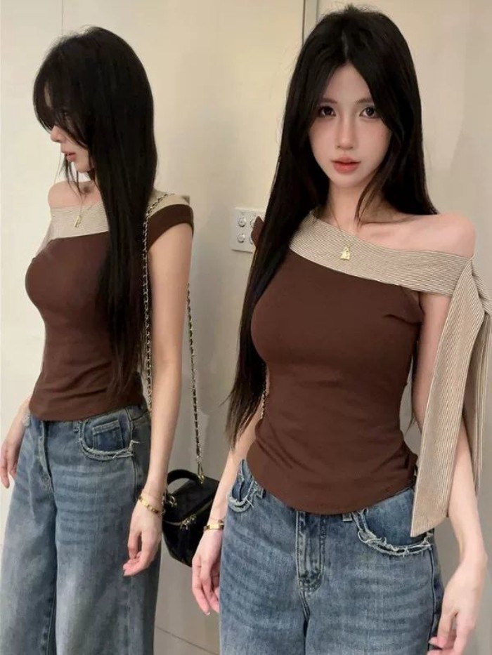 Pure Lust Style Sexy Off-shoulder Color-blocked Streamer Slanted Shoulder Top For Women Summe