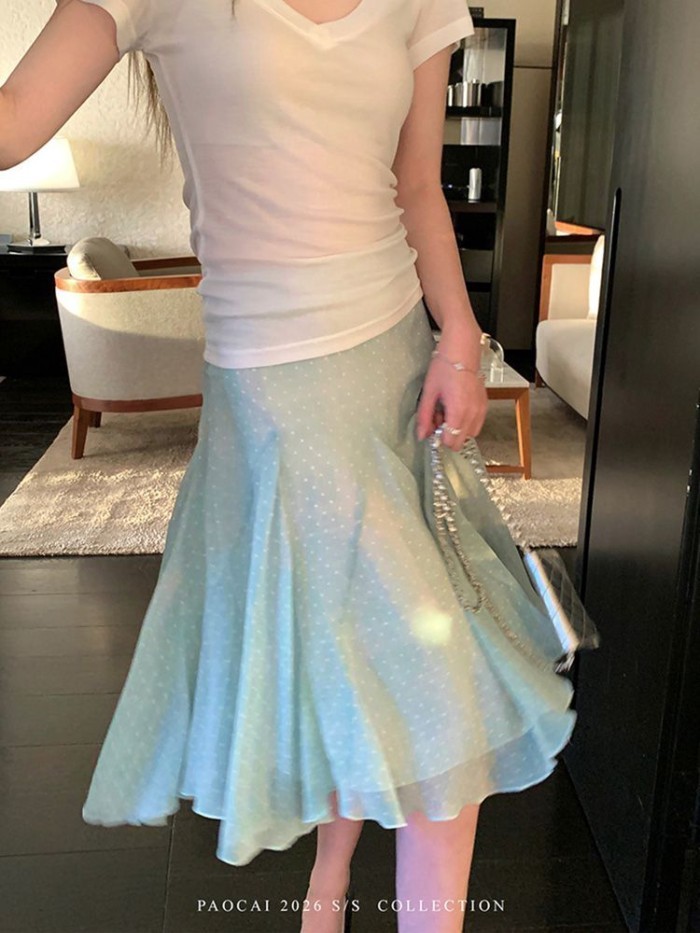 French Design Fresh Polka Dot Chiffon Skirt Women's Summer New Temperament Versatile Green Sk