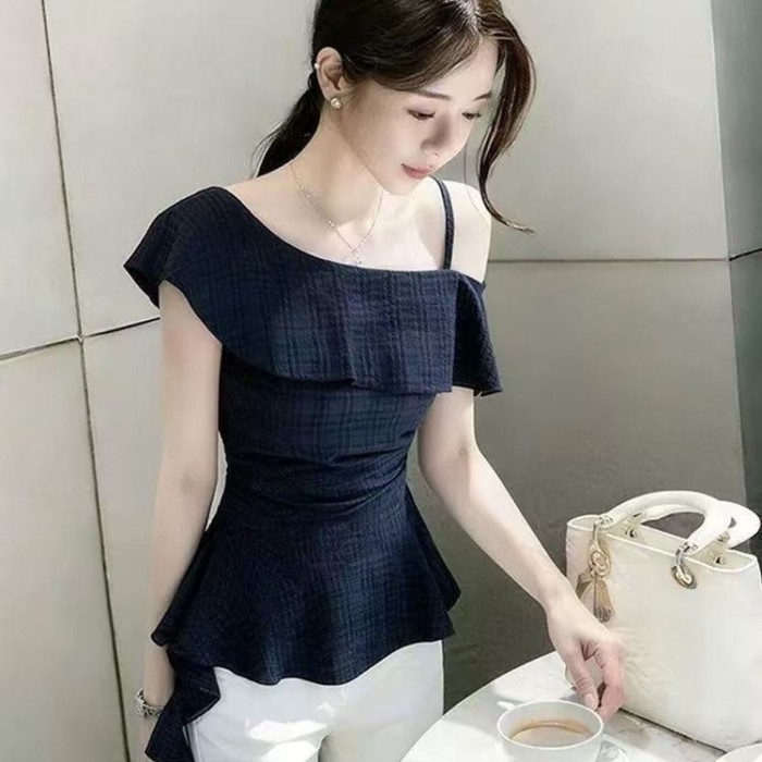 Áo sơ mi nữ dây vai lệch màu xanh navy cao cấp thiết kế áo sơ mi eo không đều