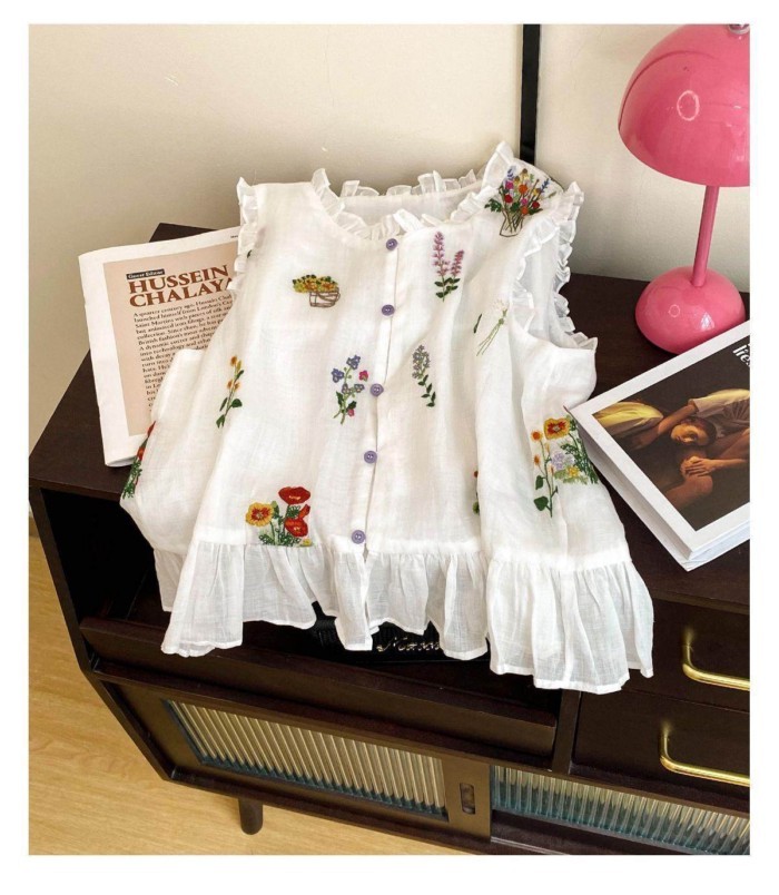 Văn Học Pháp In Áo Vest Nữ Mùa Hè Phong Cách Rừng Phong Cách Nhẹ Nhàng Ngắn Xù Lông Không Tay