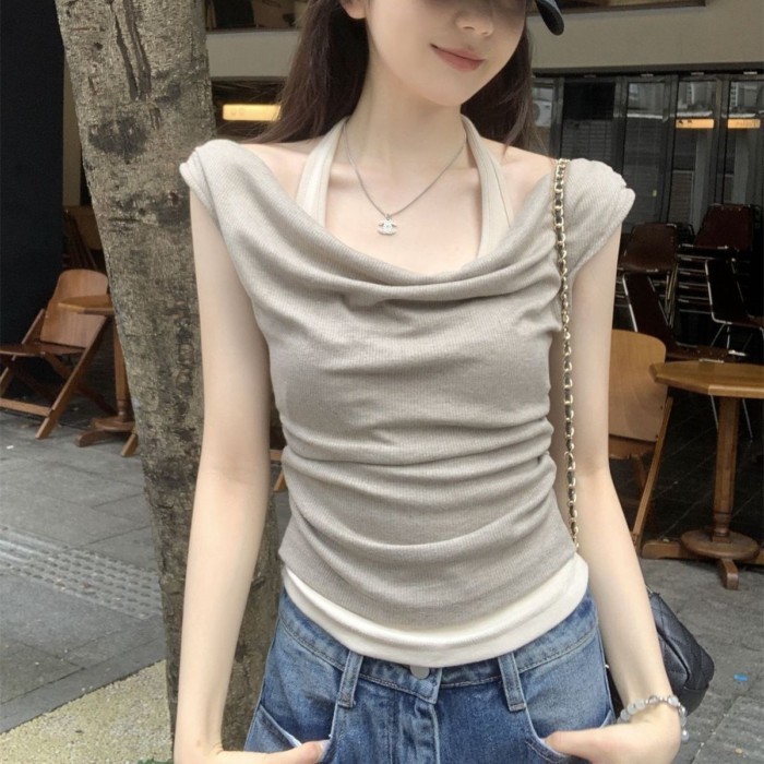 American Retro Swing Collar Halter Neck Short-sleeved T-shirt For Women Summer Slim Short Fak