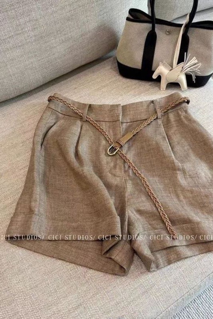 Quần short lưng cao mới đa năng màu cà phê phong cách cổ điển dành cho mùa hè, cạp cao, giảm