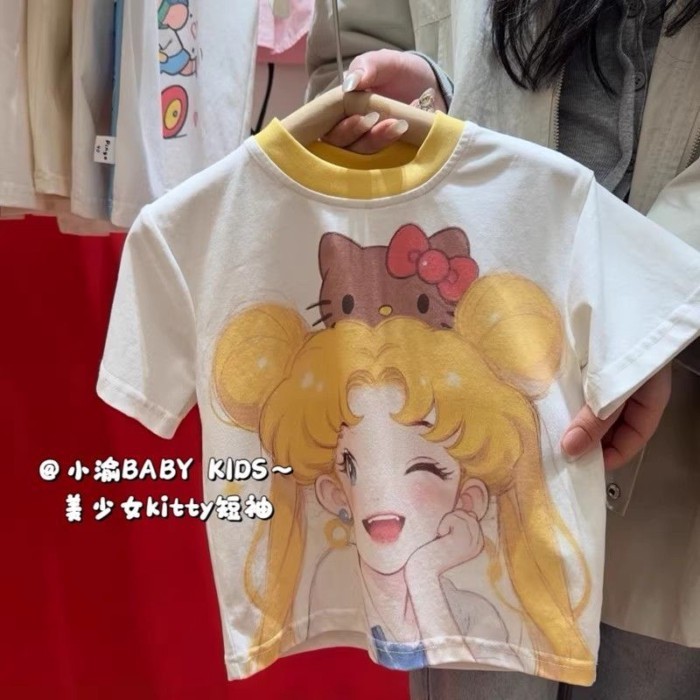 Girls T-shirt Summer New Cartoon Girl Kitty Printed Short-Sleeved Contrast Color Round Neck L
