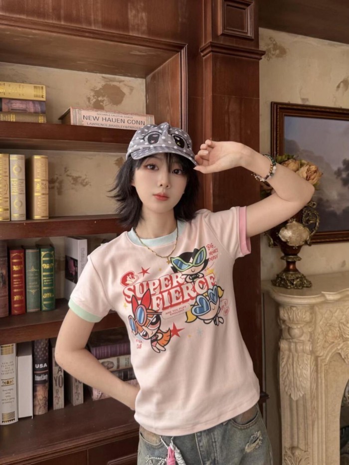 Dopamine Cartoon Printed T-shirt Women's Short-sleeved Slim Slim College Style Summer Student