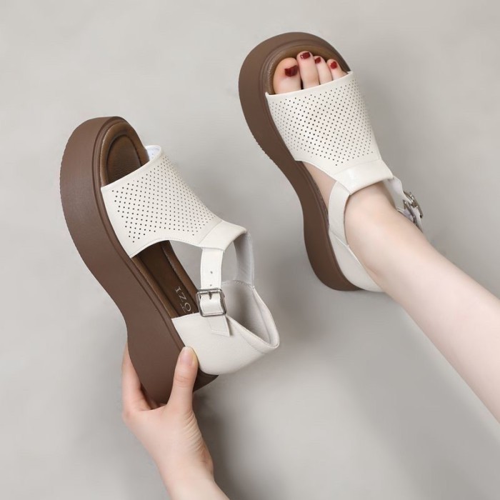 Giày sandal đế dày mùa hè kiểu La Mã có chân váy Giày sandal đi biển đế mềm hở mũi nhỏ dành cho nữ