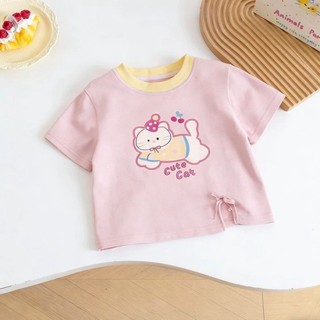 bộ đồ mới mùa hè mèo mềm mại dễ thương Áo thun in hình + đèn lồng anh đào kẻ sọc quần chống muỗi