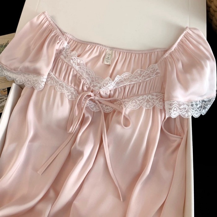 Ice Silk Bộ Đồ Ngủ Nữ Suspender Váy Ngủ Ren Gợi Cảm Có Miếng Đệm Mút Cảm Giác Thoáng Mát Nguy