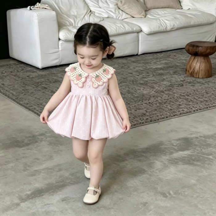 Children's Summer Princess Bud Dress Baby Girl Cute And Sweet Doll Collar Strawberry Plaid Fa