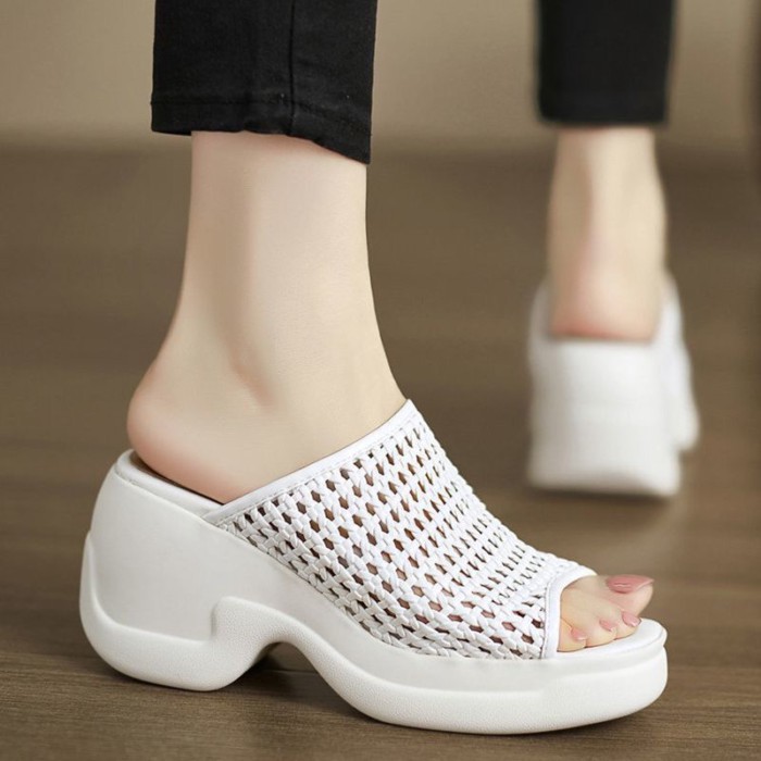 Người Phụ Nữ Giàu Dép Dệt Rỗng Cao Gót Dép Mùa Xuân Hở Mũi Giày Nêm Gót Giày Nữ Thoải Mái