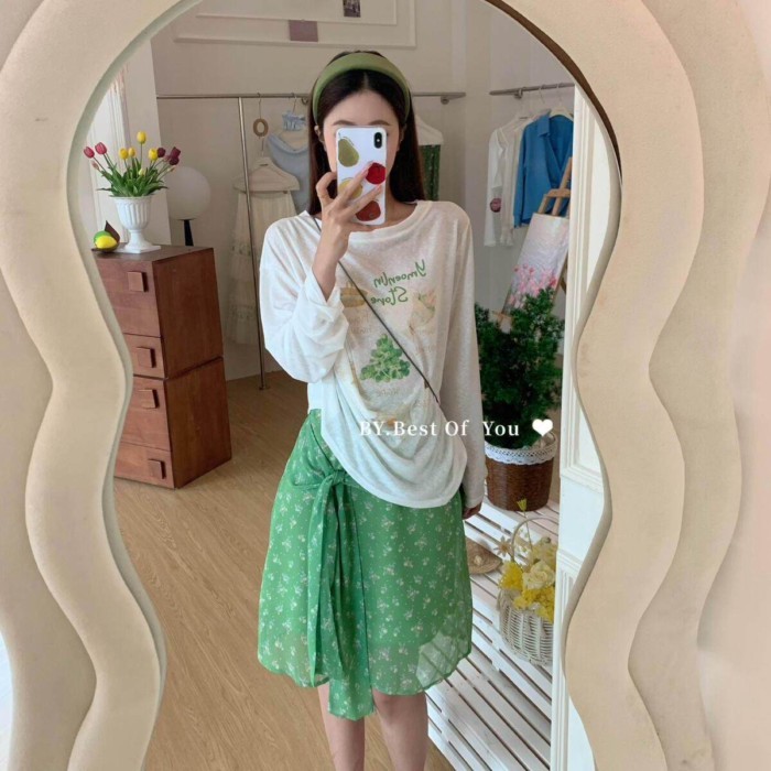 French Design Green Floral Strappy Skirt For Women Summer New High-waist Slim And Light Mid-l