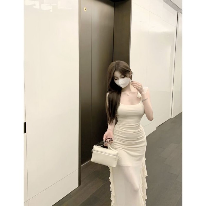 Đầm hai dây ôm hông phong cách Pháp dành cho nữ, váy dài mùa hè, váy gạc, trang phục du lịch pho